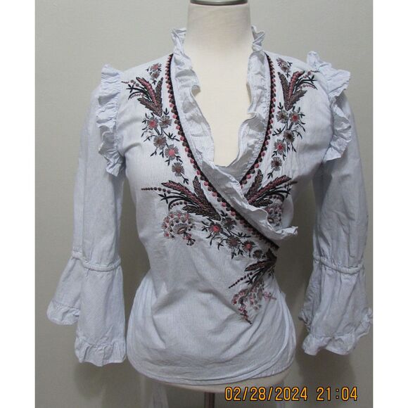 ZARA WOMAN SIZE XS WRAP TOP EMBROIDED BLUE PIN STRIPS COTTON FLORAL RUFFLES - Picture 1 of 15